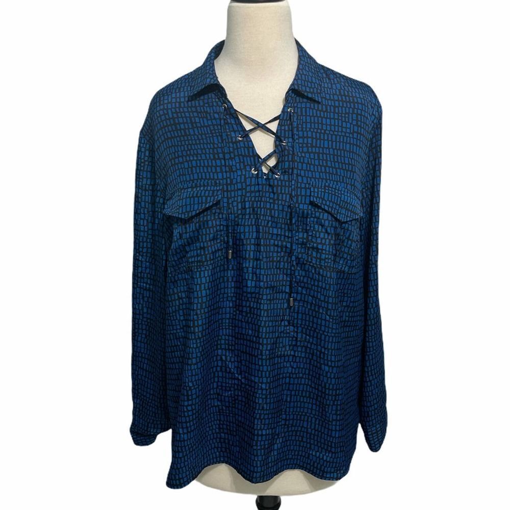 Croft & Barrow Lace Up Snake Animal Print Long Sleeve‎ Pockets Blouse Blue XL
